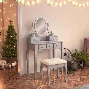 Ashley Wood Make-Up Vanity Table and Stool Set, Silver Ashley Wood Make-Up Vanity Table and Stool Set, Silver