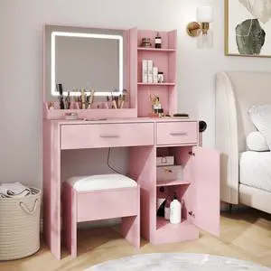 Lavin Makeup Vanity Set, Vanity Desk with Stool, LED Light Mirror and Charging Station, Pink Lavin Makeup Vanity Set, Vanity Desk with Stool, LED Light Mirror and Charging Station, Pink