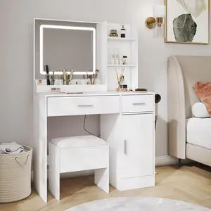 Lavin Makeup Vanity Set, Vanity Desk with Stool, LED Light Mirror and Charging Station, White Lavin Makeup Vanity Set, Vanity Desk with Stool, LED Light Mirror and Charging Station, White