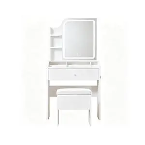 White vanity set includes smart LED mirror, women's bedroom makeup table with storage; suitable for bedrooms, living rooms, dormitories, etc. White vanity set includes smart LED mirror, women's bedroom makeup table with storage; suitable for bedrooms, living rooms, dormitories, etc.