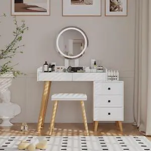 Dressing Table with LED Lights Glass Top Dressing Table with Extendable Side Table 5 Drawers Dressing Table with Mirror and Stool for Bedroom Dressing Table with LED Lights Glass Top Dressing Table with Extendable Side Table 5 Drawers Dressing Table with Mirror and Stool for Bedroom
