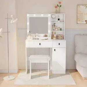 Vanity Desk with Lights, Vanity Set with Mirror, Makeup Vanity Desk with Large Drawers & Three Level Storage Dreeser, Vanitys/Vanities with 3 Lights Brightness Adjustable for Bedroom, White Vanity Desk with Lights, Vanity Set with Mirror, Makeup Vanity Desk with Large Drawers & Three Level Storage Dreeser, Vanitys/Vanities with 3 Lights Brightness Adjustable for Bedroom, White