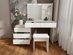 LED Lighted Makeup Vanity Table with Mirror - White Beauty Station with Storage Drawers, Matching Stool, and Organizing Compartments for Makeup Brushes and Cosmetics LED Lighted Makeup Vanity Table with Mirror - White Beauty Station with Storage Drawers, Matching Stool, and Organizing Compartments for Makeup Brushes and Cosmetics