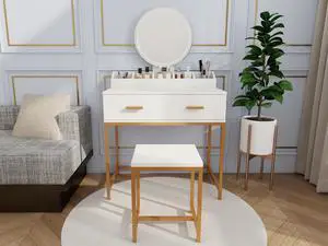 Vanity Set with Mirror and Stool - Makeup Vanity Table with Storage Drawers and Organizer, White and Gold, Space-Saving Design for Small Bedrooms Vanity Set with Mirror and Stool - Makeup Vanity Table with Storage Drawers and Organizer, White and Gold, Space-Saving Design for Small Bedrooms