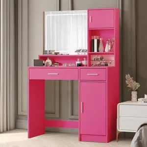Vanity Desk with Mirror and LED Light Strip,Dressing Table with Large Drawer, 3 Level Storage Dresser & 3 Lighting Modes Adjustable Brightness, Suitable for Bedroom(Rose Pink) Vanity Desk with Mirror and LED Light Strip,Dressing Table with Large Drawer, 3 Level Storage Dresser & 3 Lighting Modes Adjustable Brightness, Suitable for Bedroom(Rose Pink)