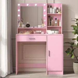 Vanity Desk with Mirror & Light, Large Drawer Three Level Storage Dresser, 3 Lighting Modes Adjustable Brightness, Bedroom Dressing Table(Pink) Vanity Desk with Mirror & Light, Large Drawer Three Level Storage Dresser, 3 Lighting Modes Adjustable Brightness, Bedroom Dressing Table(Pink)