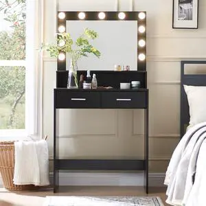 Vanity Desk with Mirror and Lights, Dressing Table with Large Drawer, 2 Level Storage Dresser & 3 Lighting Modes Adjustable Brightness, Suitable for Bedroom(Black) Vanity Desk with Mirror and Lights, Dressing Table with Large Drawer, 2 Level Storage Dresser & 3 Lighting Modes Adjustable Brightness, Suitable for Bedroom(Black)