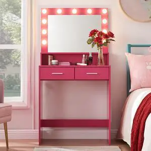 Vanity Desk with Mirror and Lights, Dressing Table with Large Drawer, 2 Level Storage Dresser & 3 Lighting Modes Adjustable Brightness, Suitable for Bedroom(Rose Pink) Vanity Desk with Mirror and Lights, Dressing Table with Large Drawer, 2 Level Storage Dresser & 3 Lighting Modes Adjustable Brightness, Suitable for Bedroom(Rose Pink)