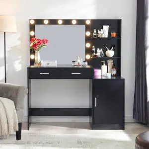 Vanity Desk with Mirror and Lights, 46.4IN Dressing Table with 2 Large Drawer&Large Vertical Organizer, 3 Level Dresser & 3 Lighting Modes Adjustable Brightness, Suitable for Bedroom(Black) Vanity Desk with Mirror and Lights, 46.4IN Dressing Table with 2 Large Drawer&Large Vertical Organizer, 3 Level Dresser & 3 Lighting Modes Adjustable Brightness, Suitable for Bedroom(Black)