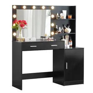 Vanity Desk with Mirror and Lights, 46.4IN Dressing Table with 2 Large Drawer&Large Vertical Organizer, 3 Level Dresser & 3 Lighting Modes Adjustable Brightness, Suitable for Bedroom(Black) Vanity Desk with Mirror and Lights, 46.4IN Dressing Table with 2 Large Drawer&Large Vertical Organizer, 3 Level Dresser & 3 Lighting Modes Adjustable Brightness, Suitable for Bedroom(Black)
