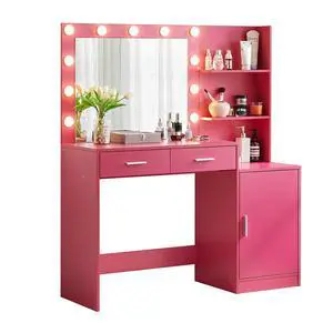 Vanity Desk with Mirror and Lights, 46.4IN Dressing Table with 2 Large Drawer&Large Vertical Organizer, 3 Level Dresser & 3 Lighting Modes Adjustable Brightness, Suitable for Bedroom(Rose Pink) Vanity Desk with Mirror and Lights, 46.4IN Dressing Table with 2 Large Drawer&Large Vertical Organizer, 3 Level Dresser & 3 Lighting Modes Adjustable Brightness, Suitable for Bedroom(Rose Pink)