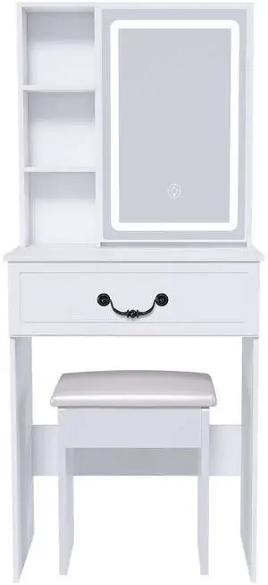 Modern Mini Dressing Table with LED-lit Mirror & Hidden Storage,Includes Padded Stool,Adjustable Brightness Vanity Desk,Multi-tier Dust-proof Shelves,White Modern Mini Dressing Table with LED-lit Mirror & Hidden Storage,Includes Padded Stool,Adjustable Brightness Vanity Desk,Multi-tier Dust-proof Shelves,White