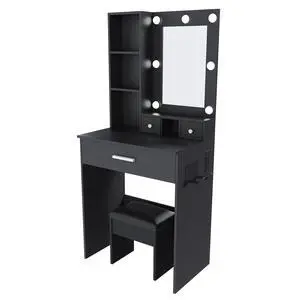 Vanity Table with Mirror & Adjustable LED Lights, Power Outlet, Hairdryer Holder & Stool Compact Dressing Desk for Small Bedrooms(Black) Vanity Table with Mirror & Adjustable LED Lights, Power Outlet, Hairdryer Holder & Stool Compact Dressing Desk for Small Bedrooms(Black)