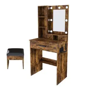 Vanity Table with Mirror & Adjustable LED Lights, Power Outlet, Hairdryer Holder & Stool Compact Dressing Desk for Small Bedrooms(Vintage) Vanity Table with Mirror & Adjustable LED Lights, Power Outlet, Hairdryer Holder & Stool Compact Dressing Desk for Small Bedrooms(Vintage)