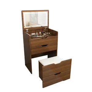 3-in-1 Vanity Desk with Flip Top Lighted Mirror & Storage Stool, Compact Makeup Dressing Table for Bedroom, Bathroom, or Dressing Room (23.L, Walnut) 3-in-1 Vanity Desk with Flip Top Lighted Mirror & Storage Stool, Compact Makeup Dressing Table for Bedroom, Bathroom, or Dressing Room (23.L, Walnut)