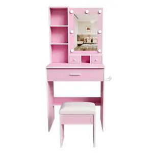 Vanity Table with Mirror & Adjustable LED Lights, Power Outlet, Hairdryer Holder & Stool Compact Dressing Desk for Small Bedrooms (Pink) Vanity Table with Mirror & Adjustable LED Lights, Power Outlet, Hairdryer Holder & Stool Compact Dressing Desk for Small Bedrooms (Pink)