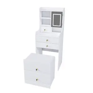 3-in-1 Dressing Table with LED Mirror & Storage Stool - Compact Makeup Vanity with 4 Drawers, Storage Cabinet & Hidden Stool, White Density Board Design, Open Bookshelf for Bedroom Organization 3-in-1 Dressing Table with LED Mirror & Storage Stool - Compact Makeup Vanity with 4 Drawers, Storage Cabinet & Hidden Stool, White Density Board Design, Open Bookshelf for Bedroom Organization