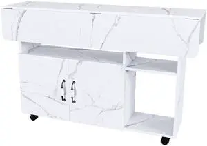 Multi-Functional Folding Table with Storage Shelves and Wheels, 47 Inch Foldable Dining Table for Small Spaces, Compact Desk for Kitchen, Dorm, Office(White) Multi-Functional Folding Table with Storage Shelves and Wheels, 47 Inch Foldable Dining Table for Small Spaces, Compact Desk for Kitchen, Dorm, Office(White)