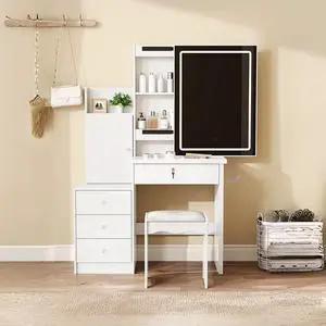 Vanity Desk Set with Sliding Lighted Mirror, Makeup Dressing Table with 4 Drawers & 9 Storage Spaces, Hidden Compartments and Cushioned Stool, White Beauty Furniture for Bedroom Vanity Desk Set with Sliding Lighted Mirror, Makeup Dressing Table with 4 Drawers & 9 Storage Spaces, Hidden Compartments and Cushioned Stool, White Beauty Furniture for Bedroom