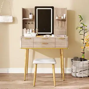 4-Drawer Vanity Desk with LED Mirror & Carved Details, Fluted Makeup Table with Metal Legs and PU Stool, Carved Dressing Table with Jewelry Storage for Bedroom 4-Drawer Vanity Desk with LED Mirror & Carved Details, Fluted Makeup Table with Metal Legs and PU Stool, Carved Dressing Table with Jewelry Storage for Bedroom