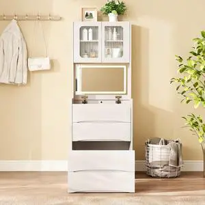 3-in-1 Vanity Table with LED Mirror & Storage Stool, Flip Top Makeup Dressing Table with Adjustable Lights, 5 Storage Spaces Cosmetic Organizer for Bedroom 3-in-1 Vanity Table with LED Mirror & Storage Stool, Flip Top Makeup Dressing Table with Adjustable Lights, 5 Storage Spaces Cosmetic Organizer for Bedroom