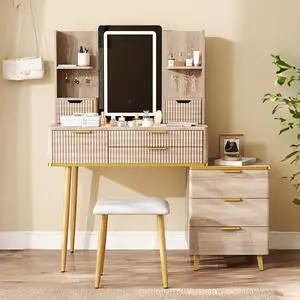 7-Drawer Vanity Desk with LED Mirror & Carved Details, Fluted Makeup Table with Metal Legs and PU Stool, Carved Dressing Table with Jewelry Storage for Bedroom 7-Drawer Vanity Desk with LED Mirror & Carved Details, Fluted Makeup Table with Metal Legs and PU Stool, Carved Dressing Table with Jewelry Storage for Bedroom