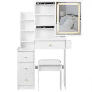 29.2" Small Size Left Bedside Cabinet Vanity Table + Cushioned Stool, 2 AC+2 USB Power Station, Hair dryer bracket, Extra Large Touch Control Sliding LED Mirror, Tri-color Switching, Brightness Adjust 29.2" Small Size Left Bedside Cabinet Vanity Table + Cushioned Stool, 2 AC+2 USB Power Station, Hair dryer bracket, Extra Large Touch Control Sliding LED Mirror, Tri-color Switching, Brightness Adjust