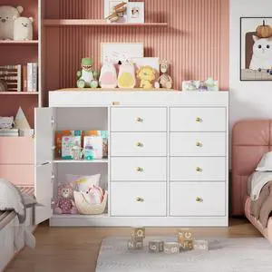 Baby Classic Nursery Dresser with 8 Drawers and 2 Cabinet, Multi-Functional Baby Changing Table, Diaper Changing Station for Children's Room Baby Classic Nursery Dresser with 8 Drawers and 2 Cabinet, Multi-Functional Baby Changing Table, Diaper Changing Station for Children's Room