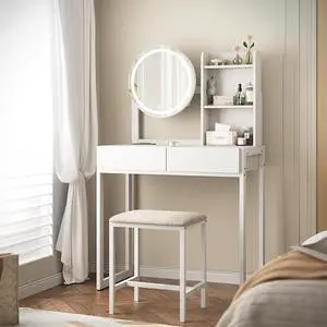 Small Vanity Desk with Mirror and Lights, Makeup Vanity Table with LED Mirror, 3 Lighting Modes, Power Outlet, Drawer, Open Shelves and Cushioned Stool for Bedroom (White) Small Vanity Desk with Mirror and Lights, Makeup Vanity Table with LED Mirror, 3 Lighting Modes, Power Outlet, Drawer, Open Shelves and Cushioned Stool for Bedroom (White)