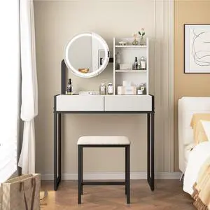 Small Vanity Desk with Mirror and Lights, Makeup Vanity Table with LED Mirror, 3 Lighting Modes, Power Outlet, Drawer, Open Shelves and Cushioned Stool for Bedroom (White and Black) Small Vanity Desk with Mirror and Lights, Makeup Vanity Table with LED Mirror, 3 Lighting Modes, Power Outlet, Drawer, Open Shelves and Cushioned Stool for Bedroom (White and Black)