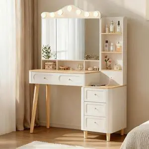 Vanity Desk with Mirror and Lights,Makeup Vanity with 2 USB Power Strip,Vanity Set with Two Drawers and Three-drawer Chest, 3 Lighting Modes Adjustable Brightness, Foldable Three-sided Mirror(White) Vanity Desk with Mirror and Lights,Makeup Vanity with 2 USB Power Strip,Vanity Set with Two Drawers and Three-drawer Chest, 3 Lighting Modes Adjustable Brightness, Foldable Three-sided Mirror(White)