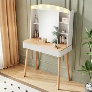 Small Vanity Desk with Mirror and Lights, Big-capacity Storage and Sliding Mirror, Vanity Set with Two Fluted Drawers, 3 Lighting Colors Makeup Dressing Table(White) Small Vanity Desk with Mirror and Lights, Big-capacity Storage and Sliding Mirror, Vanity Set with Two Fluted Drawers, 3 Lighting Colors Makeup Dressing Table(White)