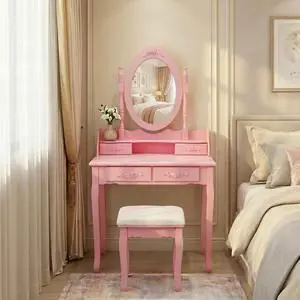 Pink Princess Vanity Desk Set with Mirror & Cushioned Stool, 4-Drawer Wooden Makeup Vanity Table for Girls' Bedroom, Dressing Table with Ample Storage Pink Princess Vanity Desk Set with Mirror & Cushioned Stool, 4-Drawer Wooden Makeup Vanity Table for Girls' Bedroom, Dressing Table with Ample Storage