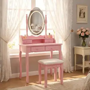 Pink Princess Vanity Desk Set with Mirror & Cushioned Stool,Light Modes,4-Drawer Wooden Makeup Vanity Table for Girls' Bedroom, Dressing Table with Ample Storage Pink Princess Vanity Desk Set with Mirror & Cushioned Stool,Light Modes,4-Drawer Wooden Makeup Vanity Table for Girls' Bedroom, Dressing Table with Ample Storage