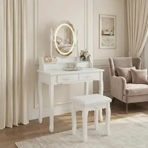 White Princess Vanity Desk Set with Mirror & Cushioned Stool,Light Modes,4-Drawer Wooden Makeup Vanity Table for Girls' Bedroom, Dressing Table with Ample Storage White Princess Vanity Desk Set with Mirror & Cushioned Stool,Light Modes,4-Drawer Wooden Makeup Vanity Table for Girls' Bedroom, Dressing Table with Ample Storage
