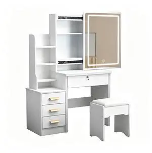 Fashion Vanity Desk with Mirror and Lights for Makeup and Chair, Vanity Mirror with Lights and Table Set with 3 Color Lighting Brightness Adjustable, 4 Drawers, White Color Fashion Vanity Desk with Mirror and Lights for Makeup and Chair, Vanity Mirror with Lights and Table Set with 3 Color Lighting Brightness Adjustable, 4 Drawers, White Color