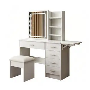 Fashion Vanity Desk with Mirror and Lights for Makeup with open shelves and Chair, Vanity Mirror with Lights and Table Set with 3 Color Lighting Brightness Adjustable, 5 Drawers, White Color Fashion Vanity Desk with Mirror and Lights for Makeup with open shelves and Chair, Vanity Mirror with Lights and Table Set with 3 Color Lighting Brightness Adjustable, 5 Drawers, White Color