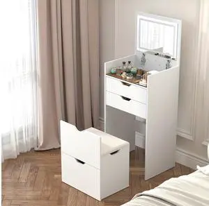 Dressing Table and Stool, 3-in-1 Multifunctional Dressing Table Set, Featuring Three-color Lighting Modes, HD Mirror, Two Sliding Drawers, and a Hidden Storage Stool Dressing Table and Stool, 3-in-1 Multifunctional Dressing Table Set, Featuring Three-color Lighting Modes, HD Mirror, Two Sliding Drawers, and a Hidden Storage Stool