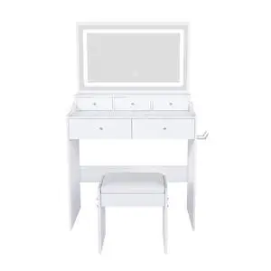 New Large Mirror Vanity Desk for Bed room , Modern Makeup Vanity Set with Power Outlet and Hair dryer holder, 5 Drawers , 3 Lighting Color Adjustable Dressing Table for Bedroom, White Color New Large Mirror Vanity Desk for Bed room , Modern Makeup Vanity Set with Power Outlet and Hair dryer holder, 5 Drawers , 3 Lighting Color Adjustable Dressing Table for Bedroom, White Color