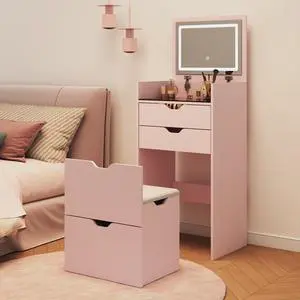 Dressing Table and Stool, 3-in-1 Multifunctional Dressing Table Set, Featuring Three-color Lighting Modes, HD Mirror, Two Sliding Drawers, and a Hidden Storage Stool. Dressing Table and Stool, 3-in-1 Multifunctional Dressing Table Set, Featuring Three-color Lighting Modes, HD Mirror, Two Sliding Drawers, and a Hidden Storage Stool.