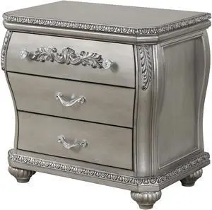 Destiny Traditional Style 3-Drawer Night Stand With Metal Drawer Pulls Made With Wood In Silver Destiny Traditional Style 3-Drawer Night Stand With Metal Drawer Pulls Made With Wood In Silver