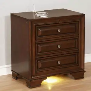 Brown Cherry Solid Wood 1Pc Nightstand Nickel Round Knob Transitional Style 3-Drawers Nightstand W Under Nightlight Brown Cherry Solid Wood 1Pc Nightstand Nickel Round Knob Transitional Style 3-Drawers Nightstand W Under Nightlight
