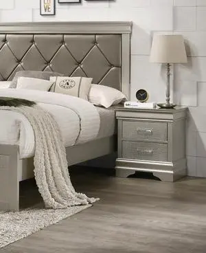 1Pc Modern Glam Style Two Drawers Nightstand Champagne Finish Solid Wood Crystal-Like Diamond Tufted Crocodile Texture Bedroom Furniture 1Pc Modern Glam Style Two Drawers Nightstand Champagne Finish Solid Wood Crystal-Like Diamond Tufted Crocodile Texture Bedroom Furniture