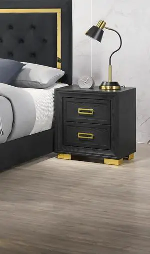 Glamorous 1Pc Modern Glam Style 2-Drawer Nightstand Black Gold Finish Gold-Colored Hardware Bedroom Furniture Glamorous 1Pc Modern Glam Style 2-Drawer Nightstand Black Gold Finish Gold-Colored Hardware Bedroom Furniture