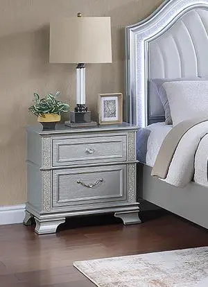 Elegance Gray Finish 2-Drawers Nightstand Decorative Glitter Front 1Pc Bedside Table Bedroom Elegance Gray Finish 2-Drawers Nightstand Decorative Glitter Front 1Pc Bedside Table Bedroom