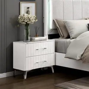 Glam White Nightstand Of 2X Storage Drawers Faux Marble Laminated Top Chrome Metal Legs Bedroom Furniture 1Pc Glam White Nightstand Of 2X Storage Drawers Faux Marble Laminated Top Chrome Metal Legs Bedroom Furniture 1Pc