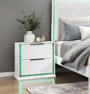 Contemporary Glam White Finish Nightstand With Two Drawers Led Light 8-Colors Bedroom Furniture 1Pc Bedside Cabinet Contemporary Glam White Finish Nightstand With Two Drawers Led Light 8-Colors Bedroom Furniture 1Pc Bedside Cabinet