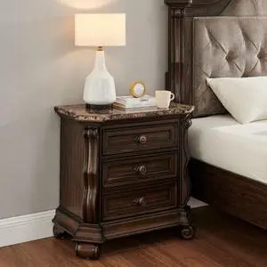 Dark Cherry Formal Traditional Nightstand With Faux Marble Top, Solid Wood Carvings 3-Drawer Bedside Table Dark Cherry Formal Traditional Nightstand With Faux Marble Top, Solid Wood Carvings 3-Drawer Bedside Table