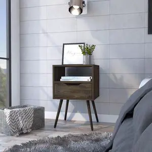 Otom Nightstand , Superior Top, One Open Shelf, One Drawer, Four Legs -Dark Walnut Otom Nightstand , Superior Top, One Open Shelf, One Drawer, Four Legs -Dark Walnut