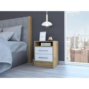 Eter Nightstand , End Table, Side Table Superior Top, Two Drawers -White / Light Oak Eter Nightstand , End Table, Side Table Superior Top, Two Drawers -White / Light Oak